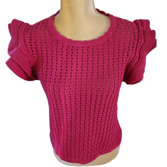 Gap Short Ruffle Flutter Sleeve Crochet Pinkish Purple Knit Sexy Sweater Medium - Picture 2 of 6
